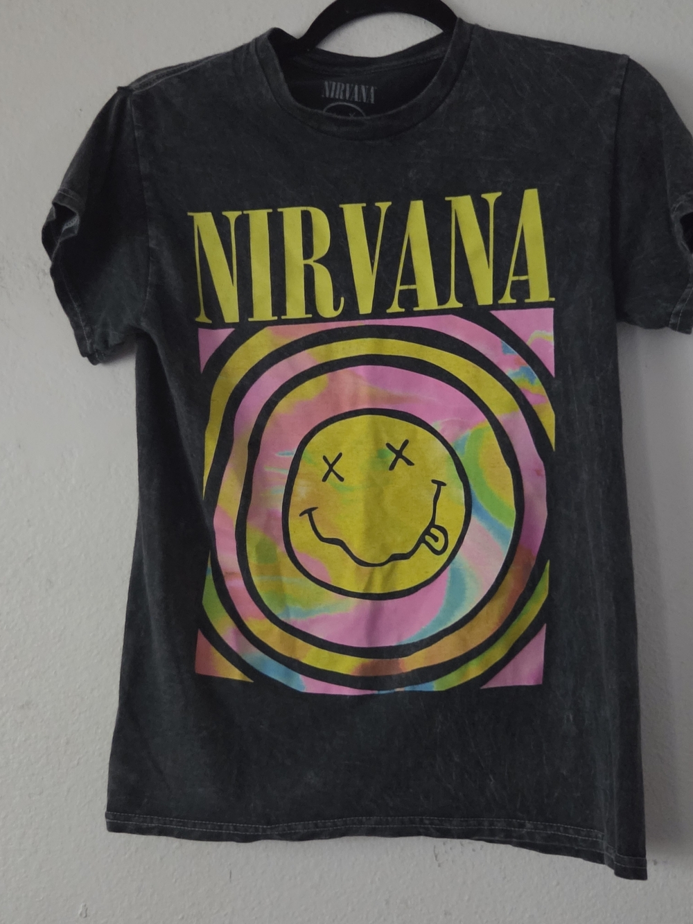 NIRVANA Smiley Face Graphic Print Crew Neck Short Sleeve T-Shirt Black Small